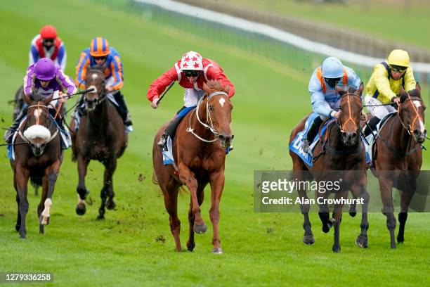 Adam Kirby riding Saffron beach win The Godolphin Lifetime Care Oh So Sharp Stakes at Newmarket Racecourse on October 09, 2020 in Newmarket, England....
