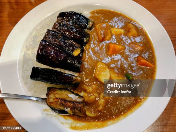 vegetable curry with eggplant and rice. - vegetable curry stock pictures, royalty-free photos & images