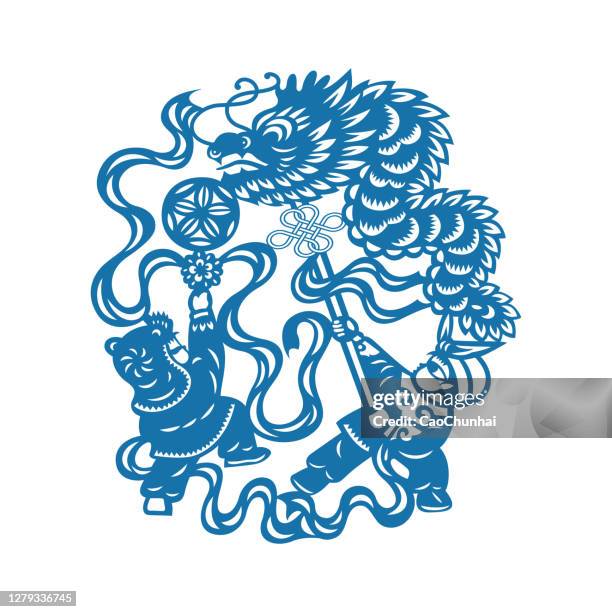 traditional chinese new year customs,dragon dance(china paper-cut patterns) - paper cutting dance stock illustrations