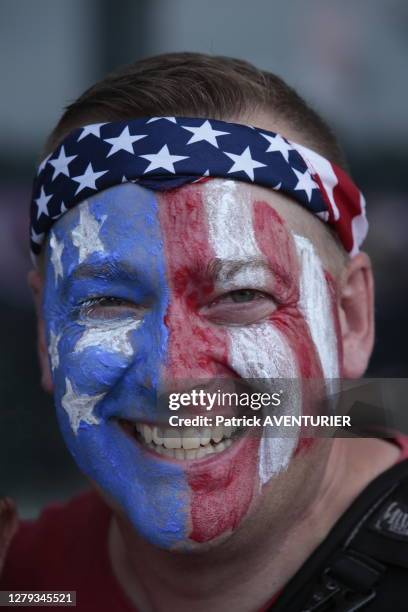 Supporter de l'équipe des USA de football féminin pendant le match USA-Pays-Bas le 7 juillet 2019, à Lyon, France.