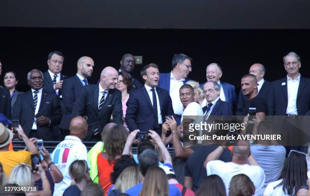 Le président de la république Emmanuel Macron, le président de la FIFA Gianni Infantino, Kylian Mbappé, le président de la FFF Noel Le Graet, David...
