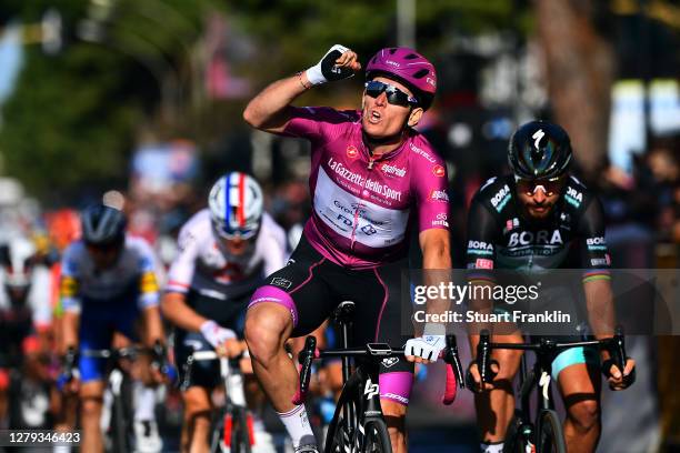 Arrival / Arnaud Demare of France and Team Groupama - FDJ Purple Points Jersey / Celebration / Peter Sagan of Slovakia and Team Bora - Hansgrohe /...