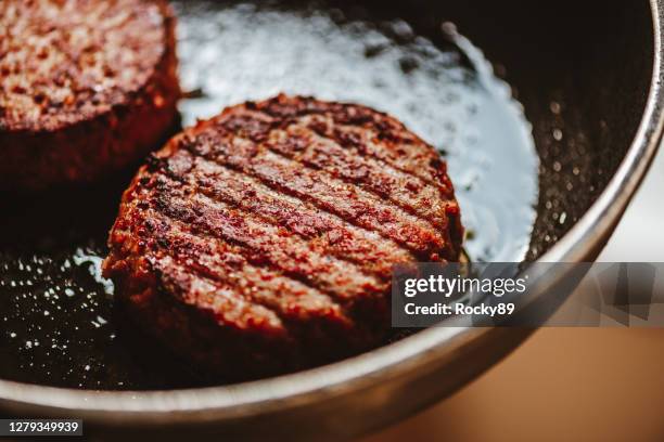 grilled vegan burger patties – meat alternative - meat stock pictures, royalty-free photos & images