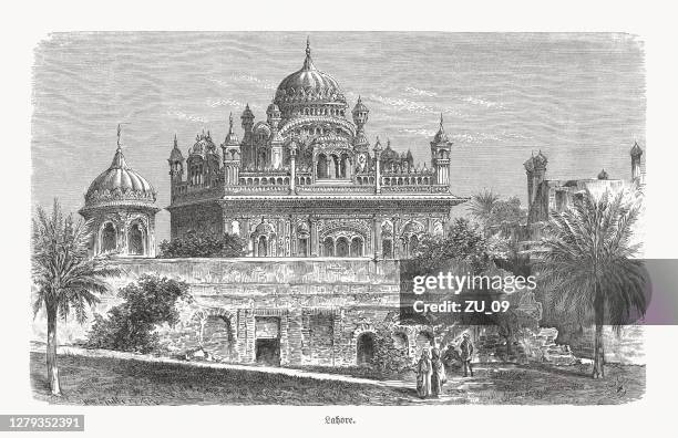 ilustraciones, imágenes clip art, dibujos animados e iconos de stock de samadhi de ranjit singh, lahore, pakistán, grabado en madera, publicado en 1893 - pakistan monument