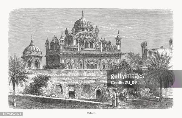samadhi of ranjit singh, lahore, pakistan, wood engraving, published 1893 - pakistan monument stock illustrations