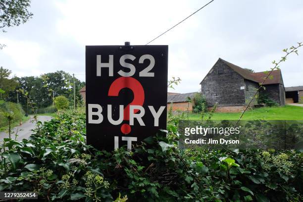 Local farm displays anti-HS2 signs as protesters continue to occupy trees within the boundary of HS2 owned land in Jones Hill Wood, on September 09...