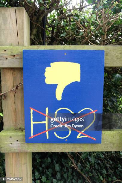 Local farm displays anti-HS2 signs as protesters continue to occupy trees within the boundary of HS2 owned land in Jones Hill Wood, on September 09...