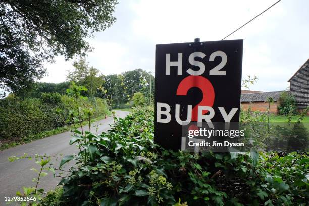 Local farm displays anti-HS2 signs as protesters continue to occupy trees within the boundary of HS2 owned land in Jones Hill Wood, on September 09...