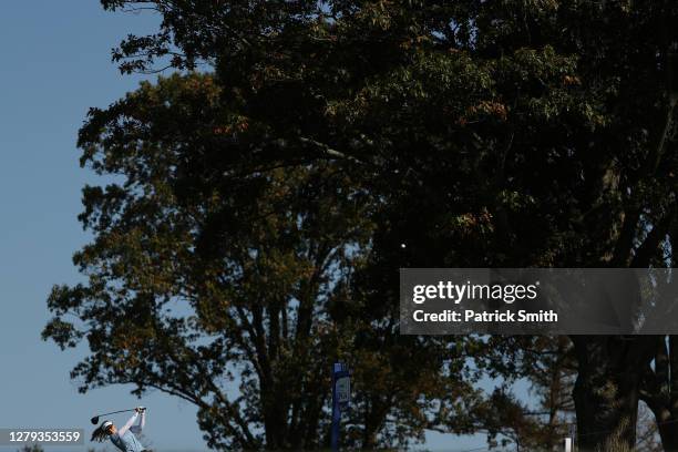 Brooke Henderson of Canada plays her shot from the 12th tee during the second round of the 2020 KPMG Women's PGA Championship at Aronimink Golf Club...