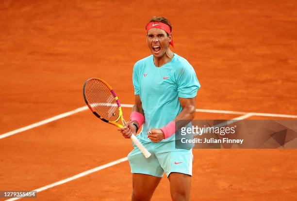 Rafael Nadal of Spain celebrates after winning a point during his Men's Singles semifinals match against Diego Schwartzman of Argentina on day...