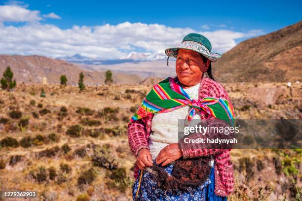 peruvian woman spinning wool by hand near colca canyon, peru - peruvian culture imagens e fotografias de stock