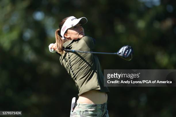 Klara Spilkova of the Czech Republic plays her shot from the third tee during the second round of the 2020 KPMG Women's PGA Championship at Aronimink...