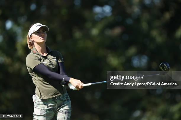 Klara Spilkova of the Czech Republic plays her shot from the third tee during the second round of the 2020 KPMG Women's PGA Championship at Aronimink...