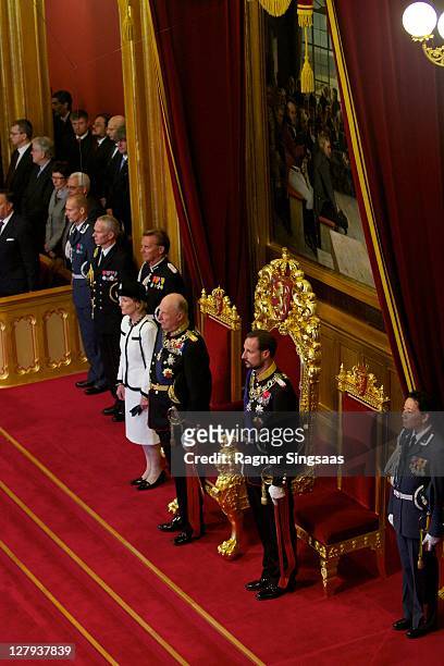 Queen Sonja of Norway, King Harald V of Norway and Prince Haakon of Norway attend the opening of the 156th Stortinget at Storting on October 3, 2011...