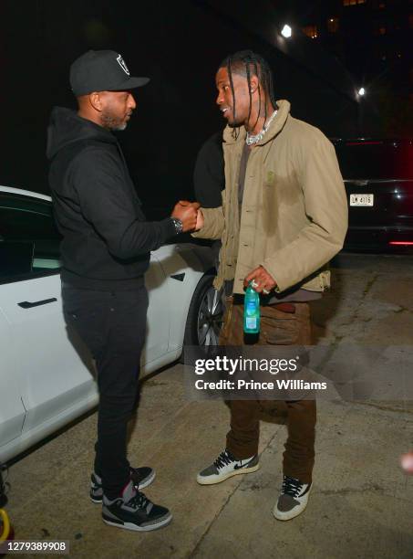 Alex Gidewon and Travis Scott attend the Travis Scott "Franchise" celebration event at Republic Lounge on October 8, 2020 in Atlanta, Georgia.