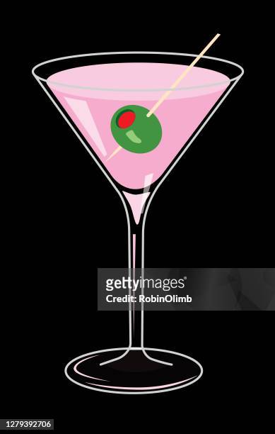 stockillustraties, clipart, cartoons en iconen met roze martini drankje - olijf