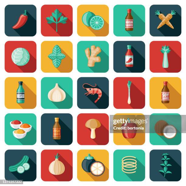 asian ingredients icon set - coconut shrimp curry stock illustrations