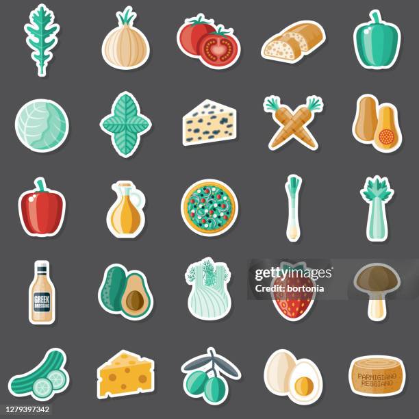 ilustraciones, imágenes clip art, dibujos animados e iconos de stock de conjunto de pegatinas de ingredientes de ensalada - aliño para la ensalada
