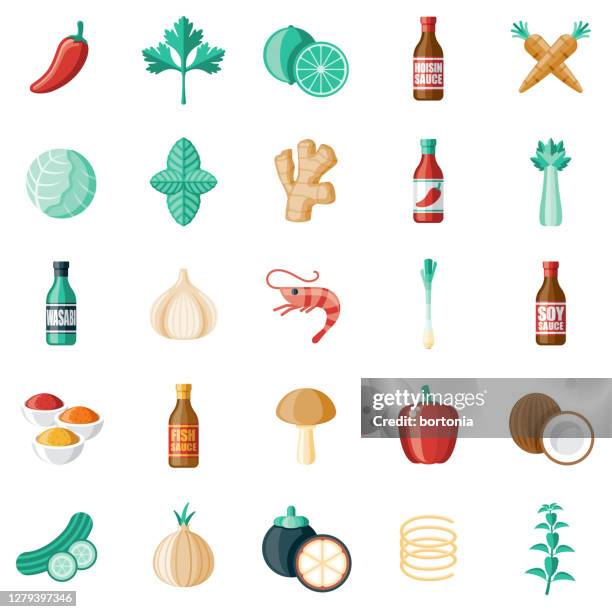 asian ingredients icon set - coconut shrimp curry stock illustrations