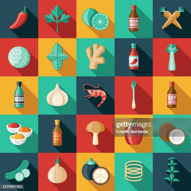 asian ingredients icon set - coconut shrimp curry stock illustrations