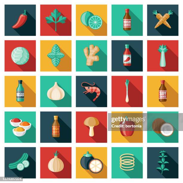 asian ingredients icon set - coconut shrimp curry stock illustrations