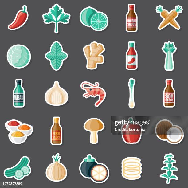 asian ingredients sticker set - coconut shrimp curry stock illustrations