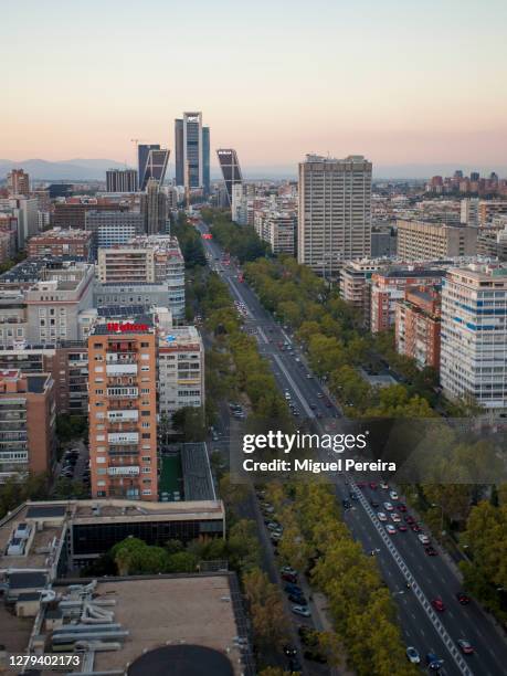 Aerial view of Paseo de la Castellana shot from a top floor at Torre Europe in the Azca business area on October 9, 2020 in Madrid, Spain. Azca,...