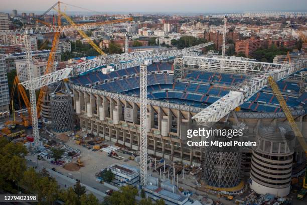 Aerial view of the renovation works on Santiago Bernabeu stadium on October 9, 2020 in Madrid, Spain. Azca, considered the business heart of the...