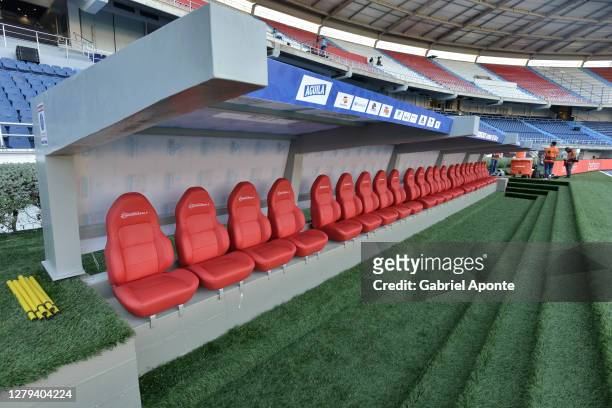 The empty substitute bench prior to a match between Colombia and Venezuela as part of South American Qualifiers for Qatar 2022 at Estadio...
