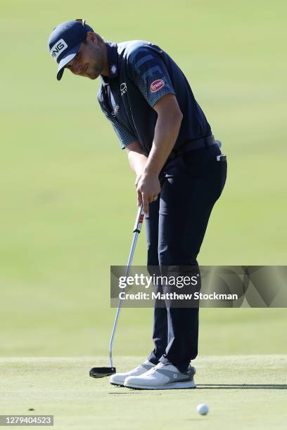 Austin Cook putts on the 2nd hole during round two of the Shriners Hospitals For Children Open at TPC Summerlin on October 09, 2020 in Las Vegas,...