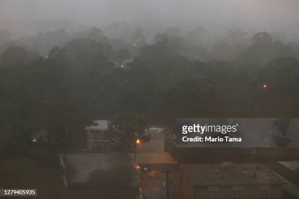 Heavy rain falls during Hurricane Delta on October 9, 2020 in Lafayette, Louisiana. Residents along the Gulf Coast are bracing for Hurricane Delta...