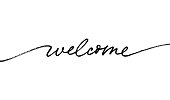 Welcome hand drawn vector line calligraphy. Lettering ink illustration with swashes.