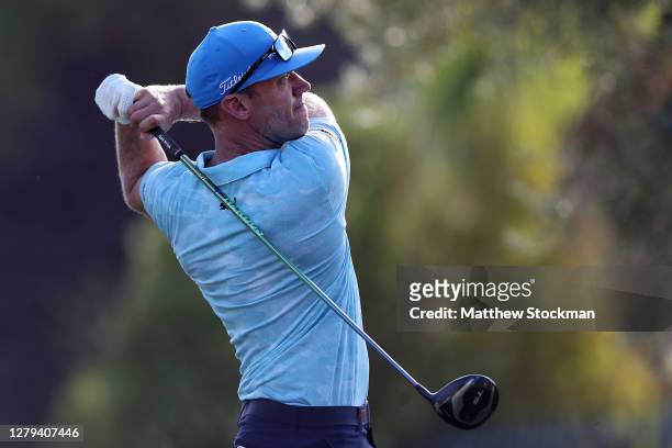 Graham DeLaet hits his tee shot on the 9th hole during round two of the Shriners Hospitals For Children Open at TPC Summerlin on October 09, 2020 in...