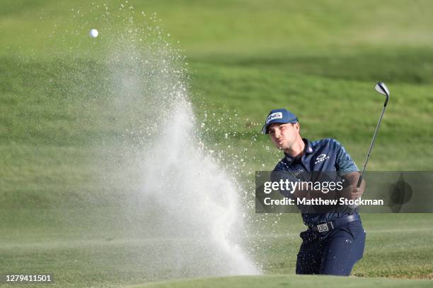 Austin Cook hits from the bunker on the 9th hole during round two of the Shriners Hospitals For Children Open at TPC Summerlin on October 09, 2020 in...