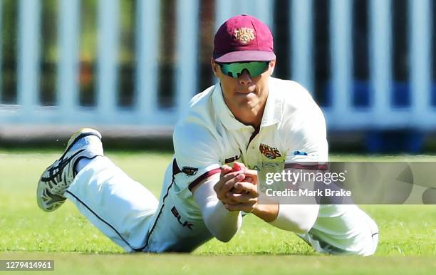 Mitchell Swepson of the Queensland Bulls catches Charlie Wakim of the Tasmanian Tigers during day one of the Sheffield Shield match between...