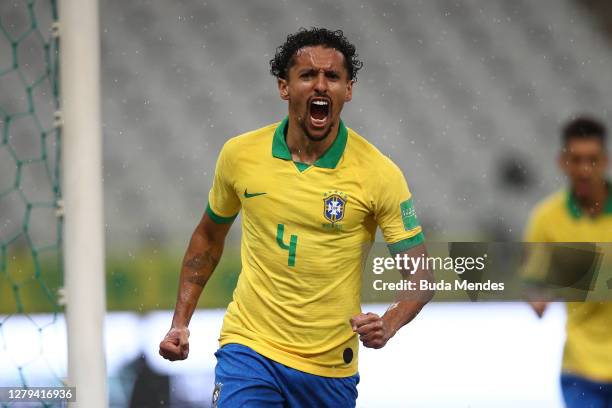 Marquinhos of Brazil celebrates after scoring the opening goal of his team during a match between Brazil and Bolivia as part of South American...