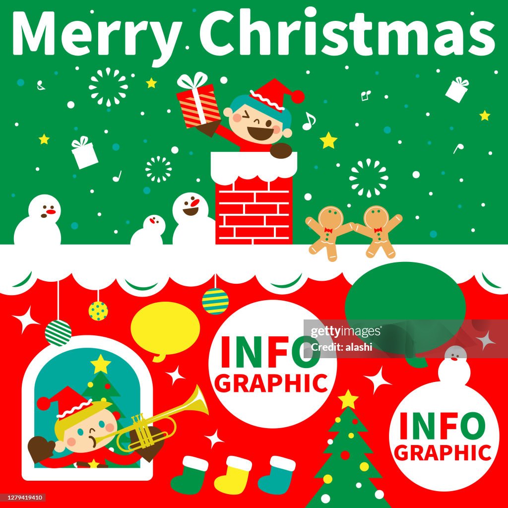 Merry Christmas and New Year greeting from cute children wearing Santa Claus clothes; A boy holding a gift box is coming down the chimney into the house and a boy is playing the trumpet at the window