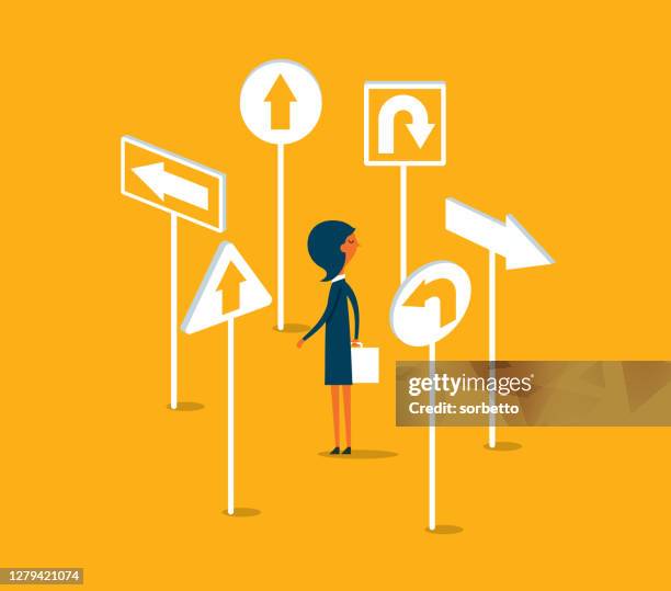 crossroad - businesswoman - confronting challenges stock illustrations