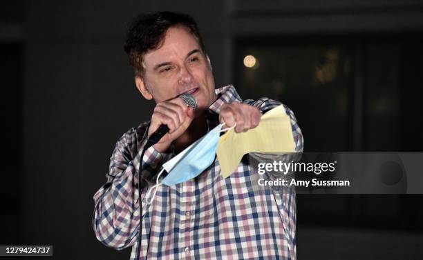 Shane Black speaks during the Q&A at the drive-in premiere for the short film "Bad Suns" at Andaz West Hollywood on October 09, 2020 in West...