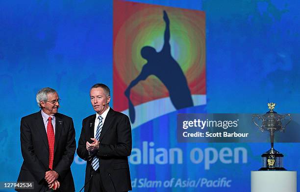 Former tennis player Roy Emerson is interviewed by Craig Tiley, Director at Tennis Australia during the launch of the 2012 Australian Open at...