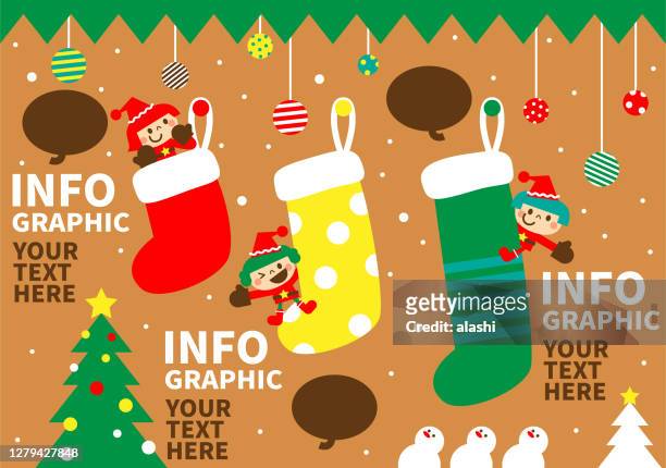 merry christmas and new year greeting from cute children wearing santa claus clothes; bar chart infographic made of christmas stocking - sock stock illustrations