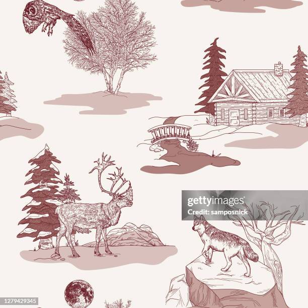 ilustrações de stock, clip art, desenhos animados e ícones de winter nature and wildlife toile de jouy seamless pattern - hygge