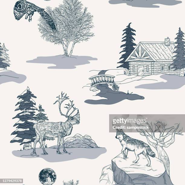 illustrazioni stock, clip art, cartoni animati e icone di tendenza di natura invernale e fauna selvatica toile de jouy modello senza soluzione di continuità - toile de jouy