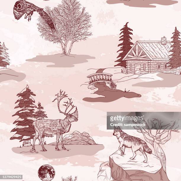 ilustrações de stock, clip art, desenhos animados e ícones de winter nature and wildlife toile de jouy seamless pattern - hygge