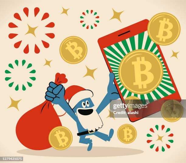 smiling blue santa claus is holding a sack and a smartphone with bitcoin cryptocurrency; merry christmas and new year greeting; making money during the christmas period - christmas bonus stock illustrations