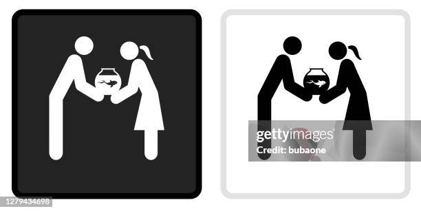 couple & fish bowl icon on black button with white rollover - pet fish white background stock illustrations