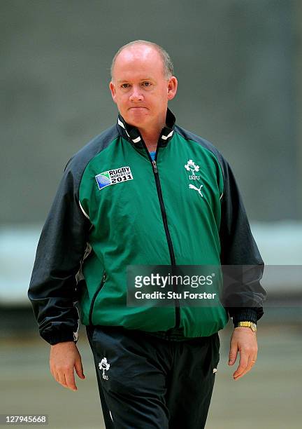 Head coach Declan Kidney watches over his players during an Ireland IRB Rugby World Cup 2011 training session at ASB Indoor Sports Centre on October...