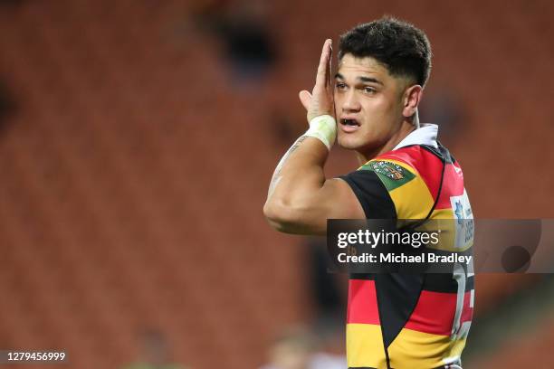 Quinn Tupaea of Waikato looks on during the round 5 Mitre 10 Cup match between Waikato and Counties Manukau at FMG Stadium on October 10, 2020 in...