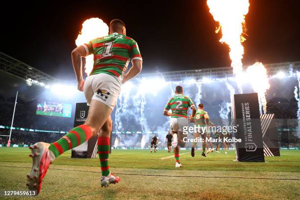 The Rabbitohs run out during the NRL Semi Final match between the Parramatta Eels and the South Sydney Rabbitohs at Bankwest Stadium on October 10,...