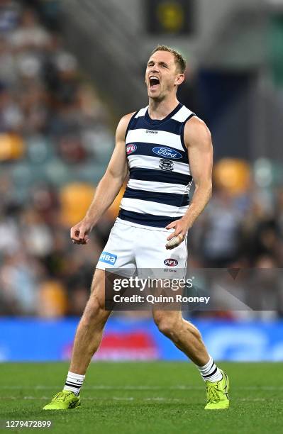 Joel Selwood of the Cats celebrates a goal during the AFL First Semi Final match between the Geelong Cats and the Collingwood Magpies at The Gabba on...